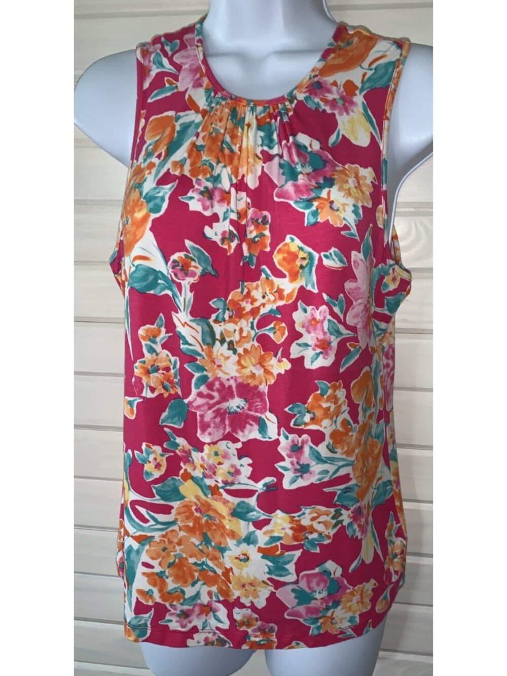 Chaps Ralph Lauren PETITES MEDIUM PM Pink Orange White Floral Knit Blouse EUC